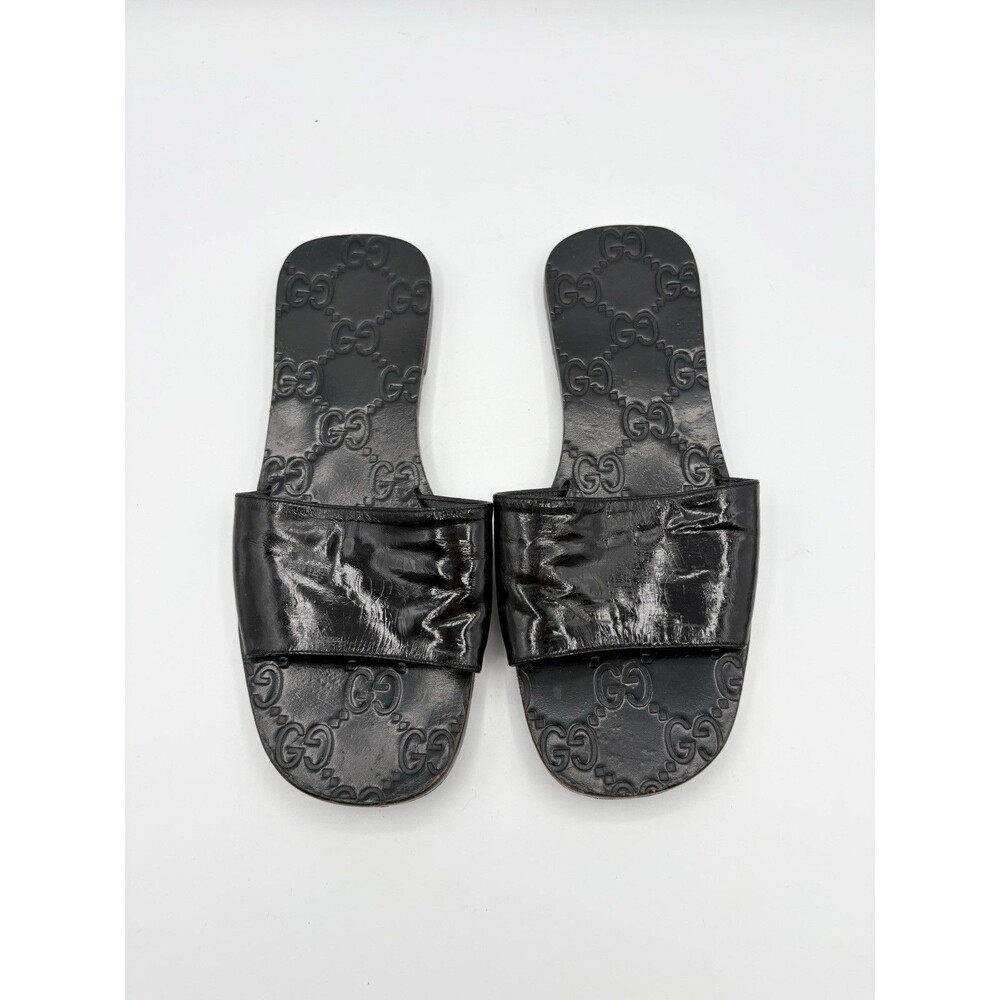 Gucci Black GG Logo Monogram Slide Sandals Vintage Patent Leather Y2K Sz EU 37
